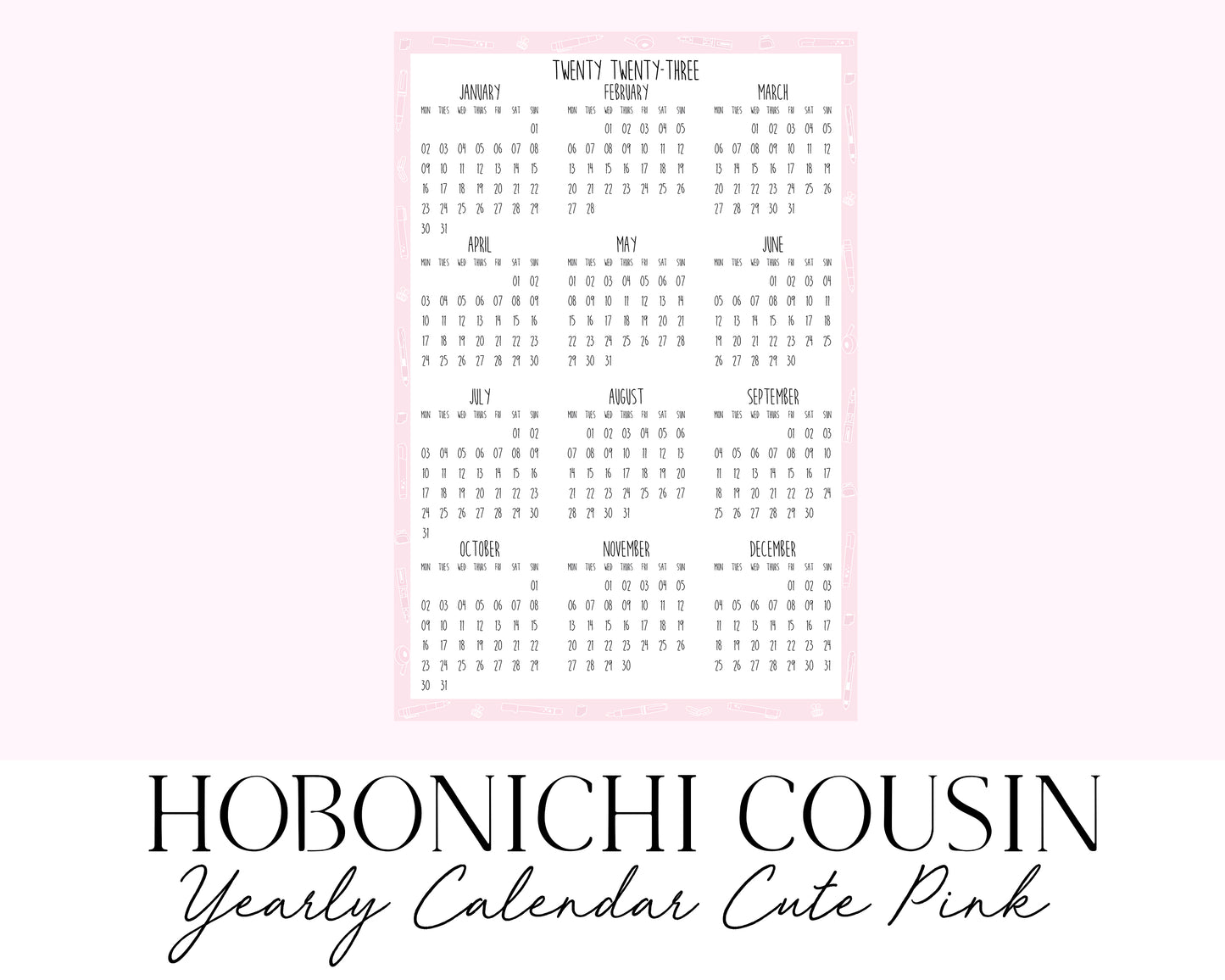 Hobonichi Cousin A5 2023 Yearly Calendar Cute Pink (Full Page Printable Stickers)