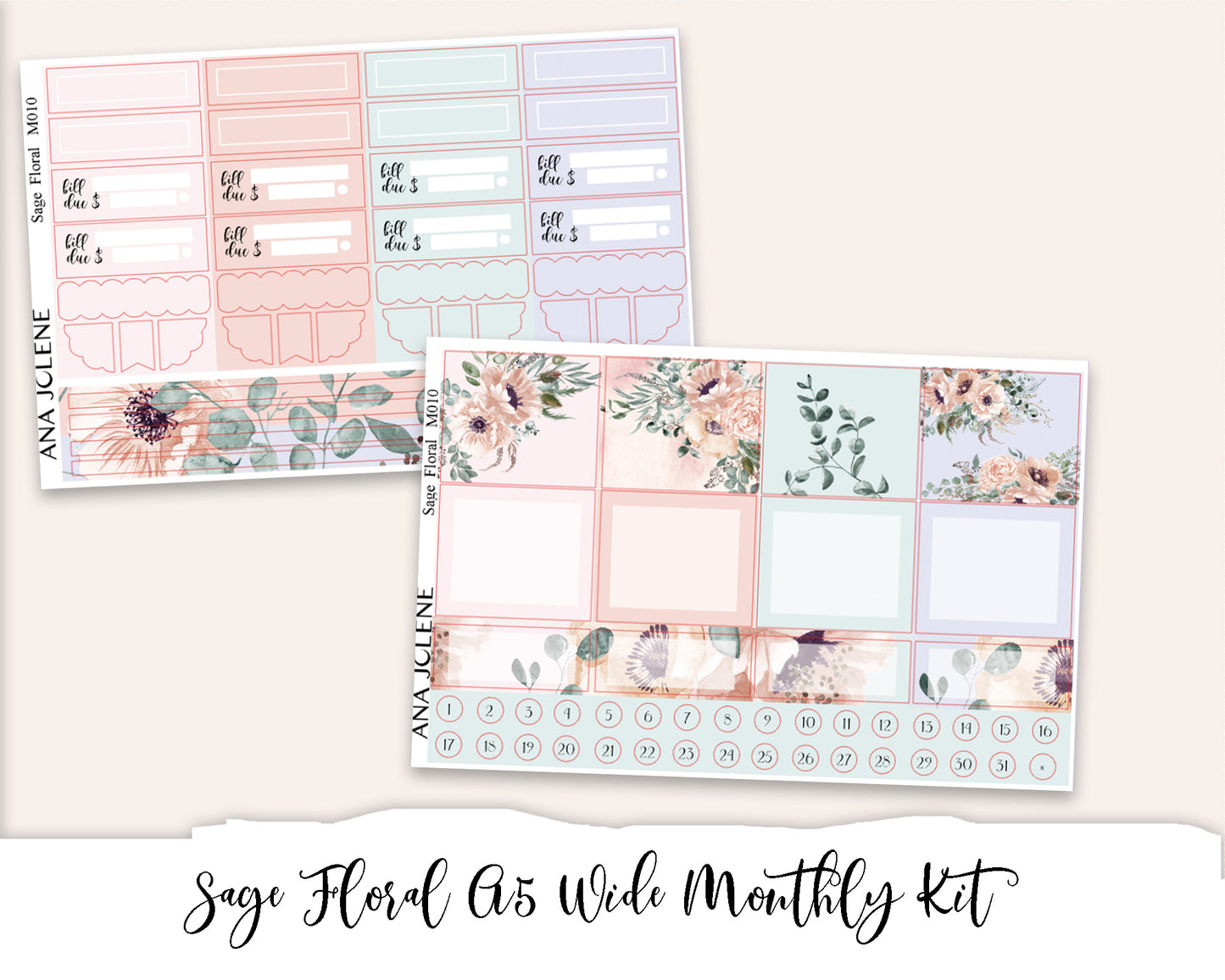 SAGE FLORAL Monthly Planner Sticker Kit (A5 Wide)