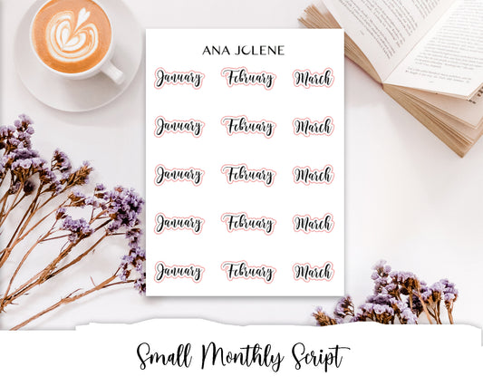 Small Monthly Script Stickers - January - March