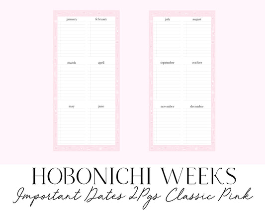 Hobonichi Weeks Important Dates 2 pgs Classic Pink (Full Page Printable Stickers)