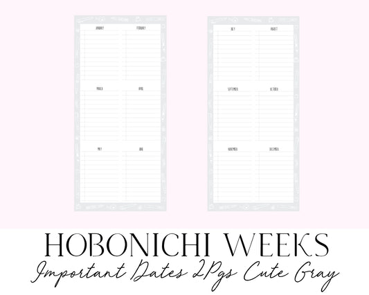 Hobonichi Weeks Important Dates 2 pgs Cute Gray (Full Page Printable Stickers)