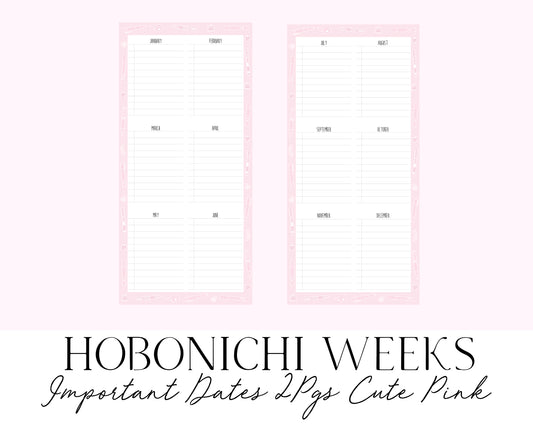 Hobonichi Weeks Important Dates 2 pgs Cute Pink (Full Page Printable Stickers)