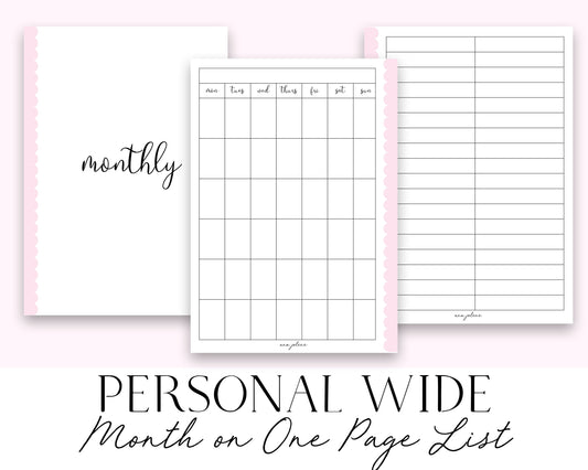 Personal Wide Rings Month on One Page List MON start Printable