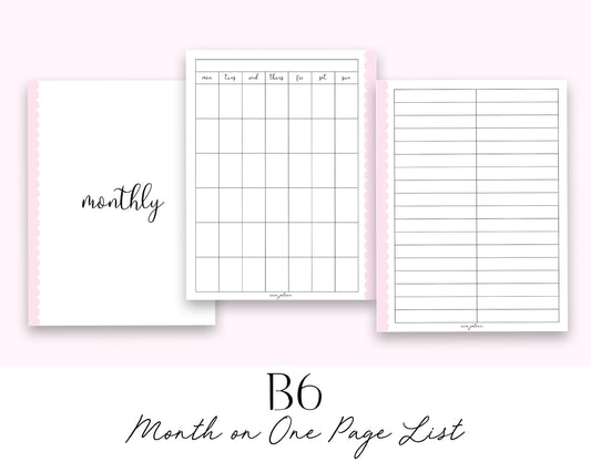 B6 Rings Month on One Page List MON start Printable