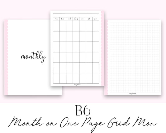 B6 Rings Month on One Page Grid MON start Printable