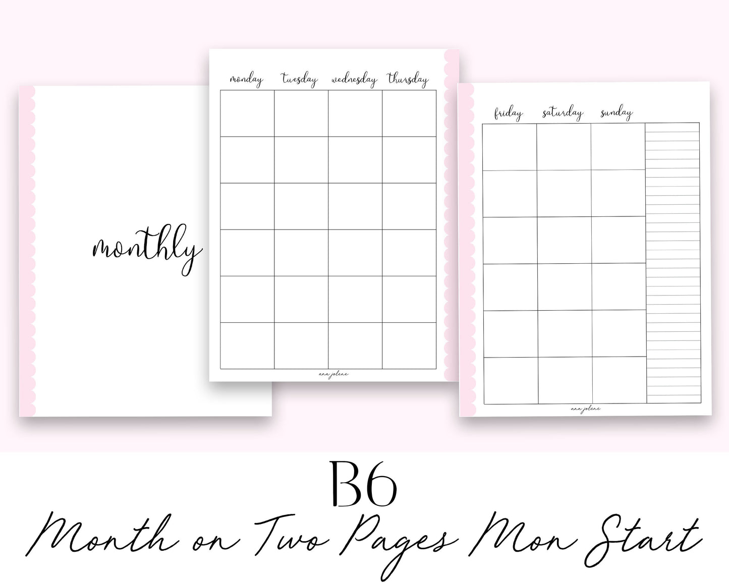 B6 Rings Month on Two Pages MON start Printable