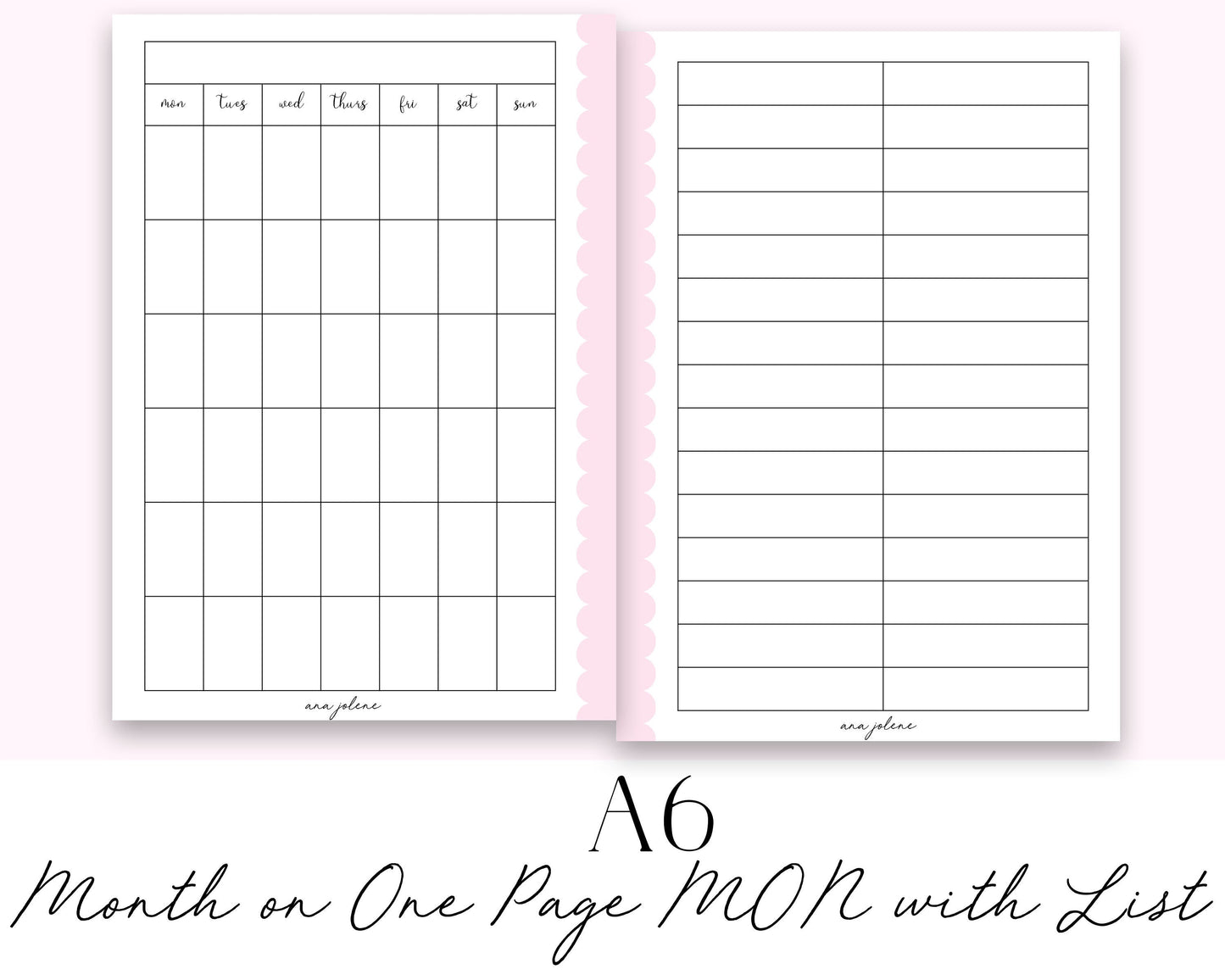 A6 Rings Month on One Page List MON start Printable