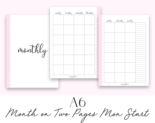 A6 Rings Month on Two Pages MON start (Monthly Calendar) Printable