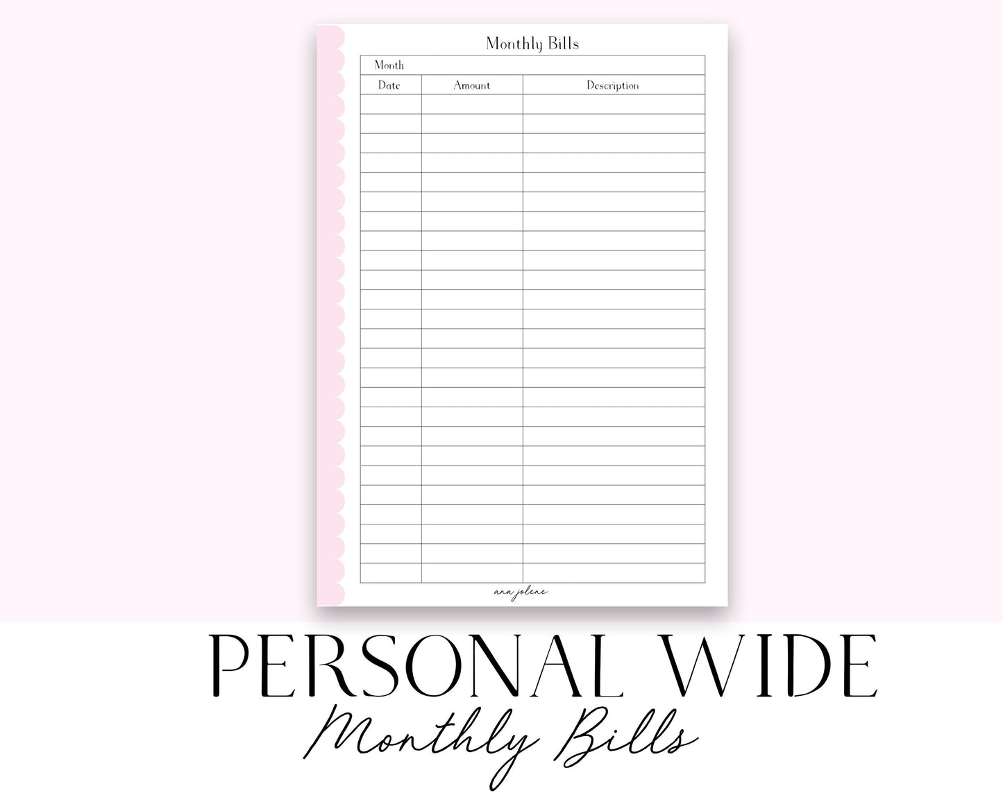 Personal Wide Rings Monthly Bill Tracker (Budget) (Finance Planner) Printable