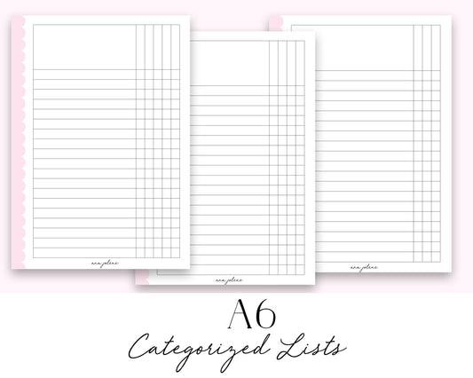 A6 Rings Categorized Lists Tracker Checklist Printable
