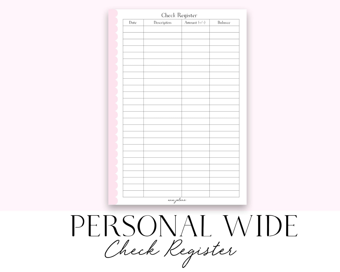Personal Wide Rings Check Register (Budget) (Finance Planner) Printable