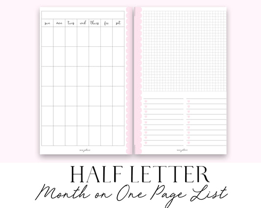 Half Letter Month on One Page List SUN start Printable