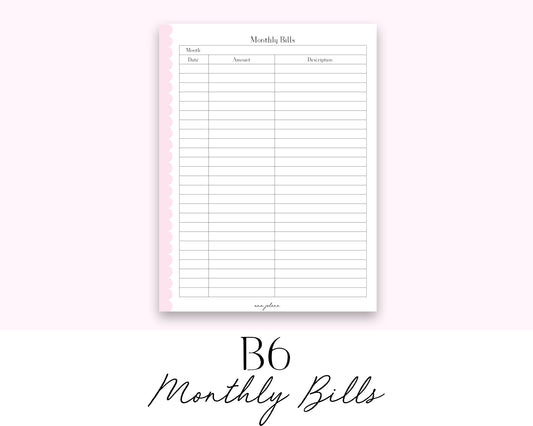 B6 Rings Monthly Bill Tracker (Budget) (Finance Planner) Printable