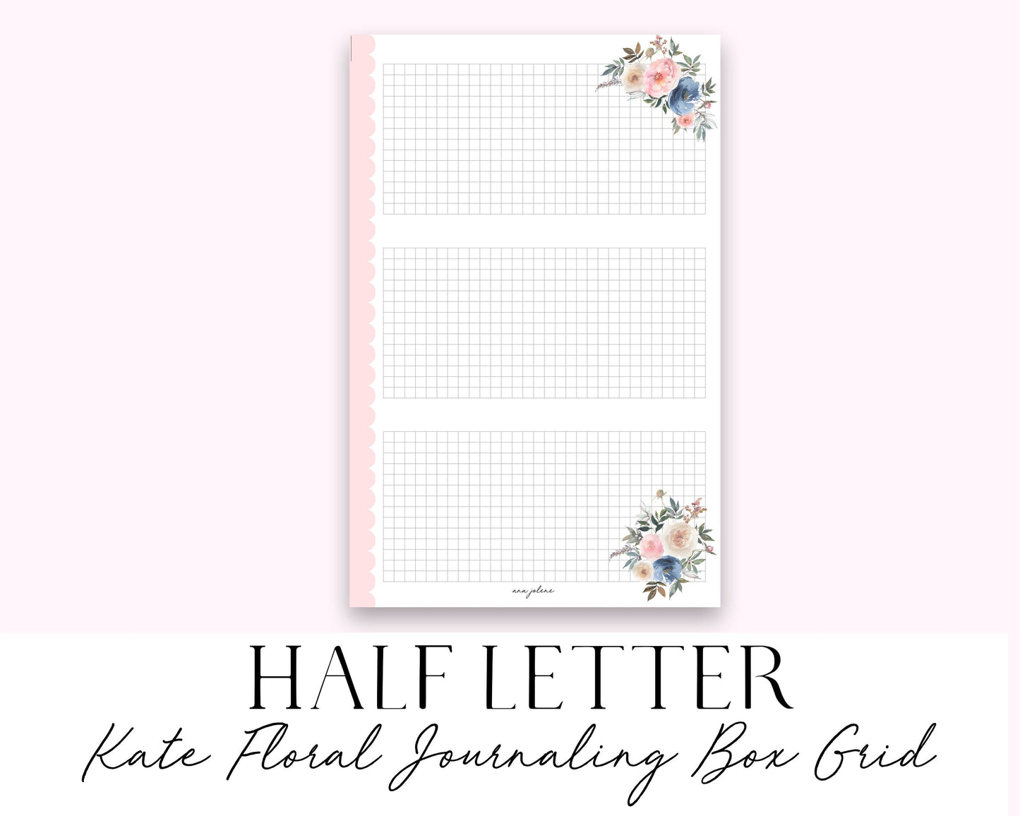 Half Letter Kate Floral Journaling Box Grid (Junior Discbound/A5 Rings) Printable